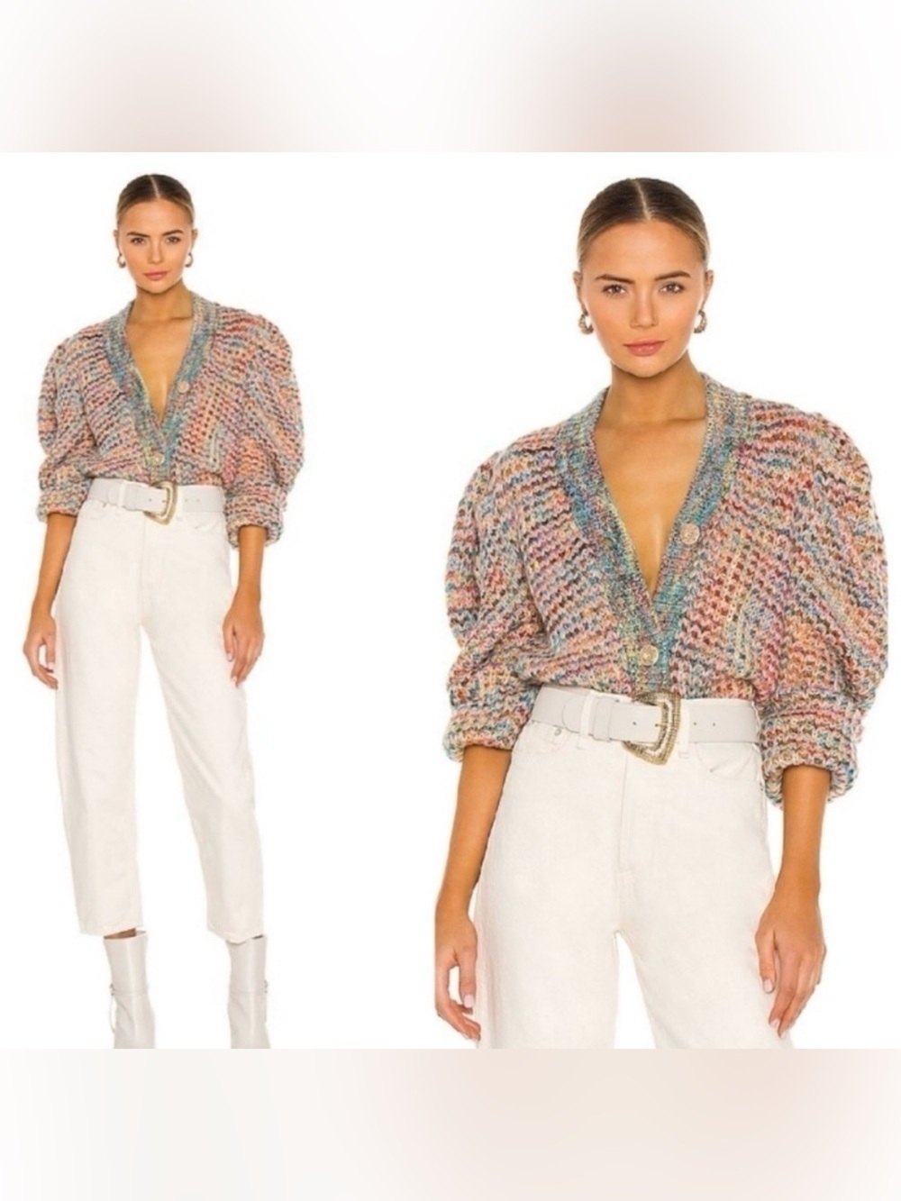 Ulla Johnson Fiora Rainbow Puff Sleeve Mohair Wool Cardigan Sweater M - Picture 2 of 16
